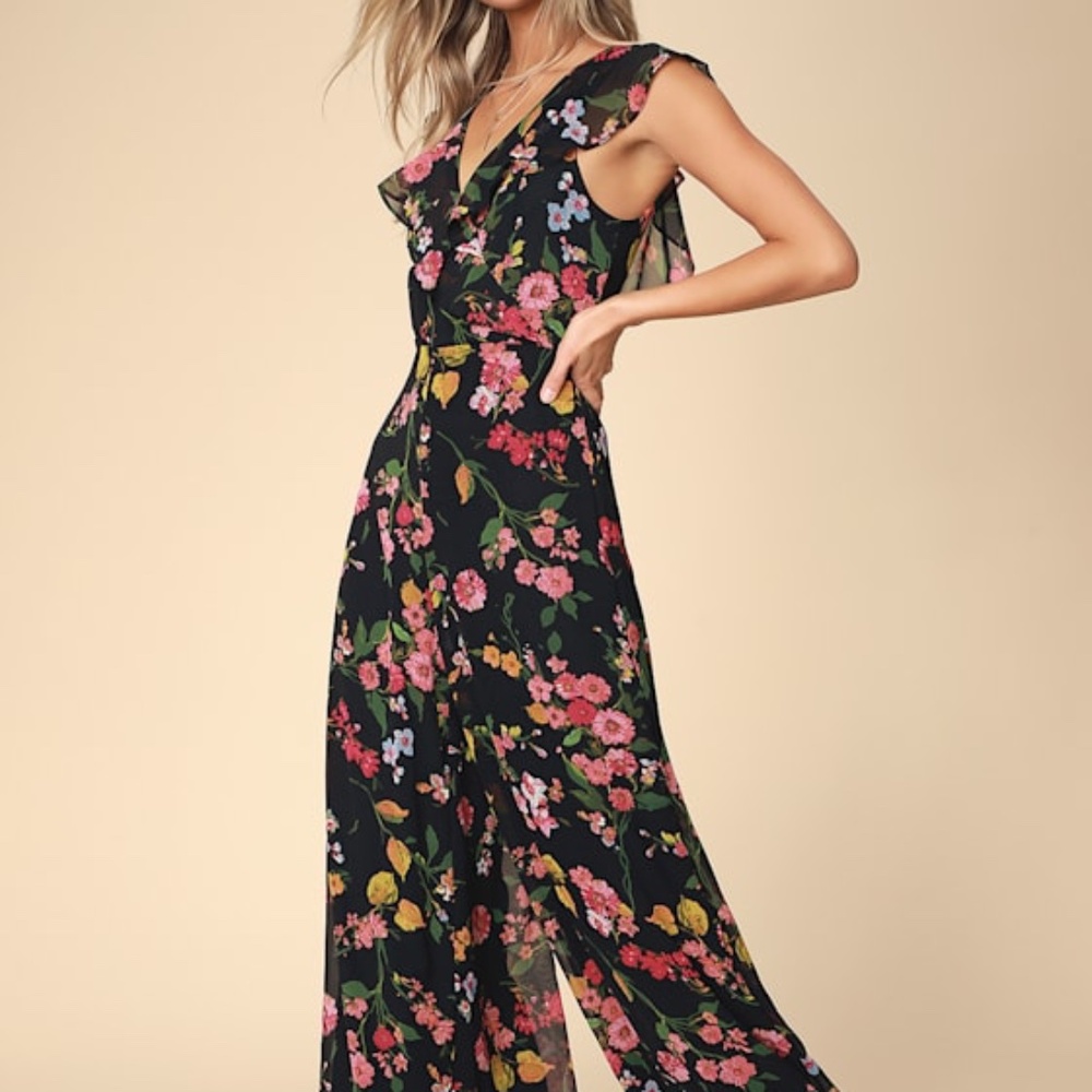 Lulus Blooming Love Black Floral Print Ruffled Jumpsuit - Size M